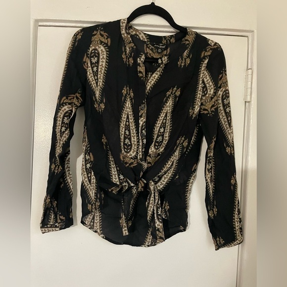 Lucky Brand black Paisley bellflower long sleeve tie up button down top size XS - Picture 3 of 8